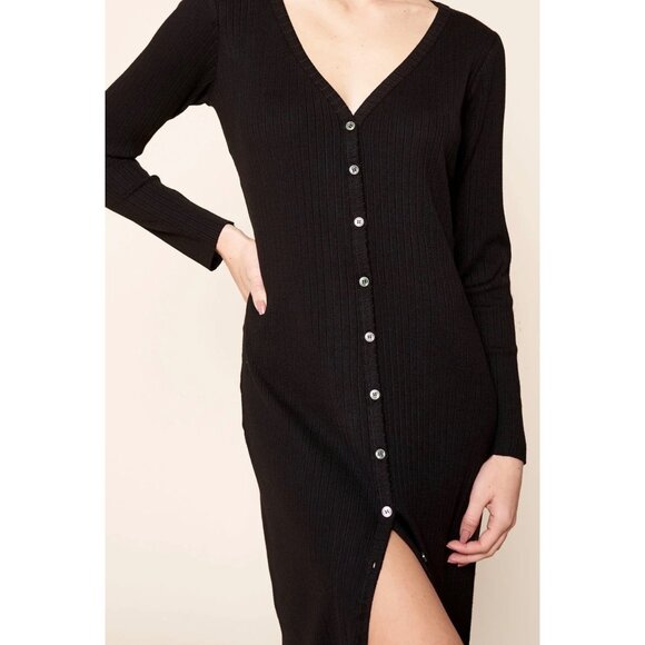 Sugar + Lips Black Ribbed Knit Button-Up Midi Cardigan Dress Size M - Picture 3 of 9
